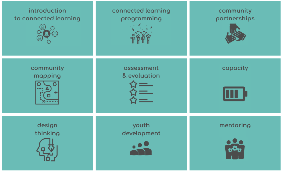 The ConnectedLib modules: introduction, programming, partnerships, capacity, community mapping, youth development, mentoring, design thinking, assessment